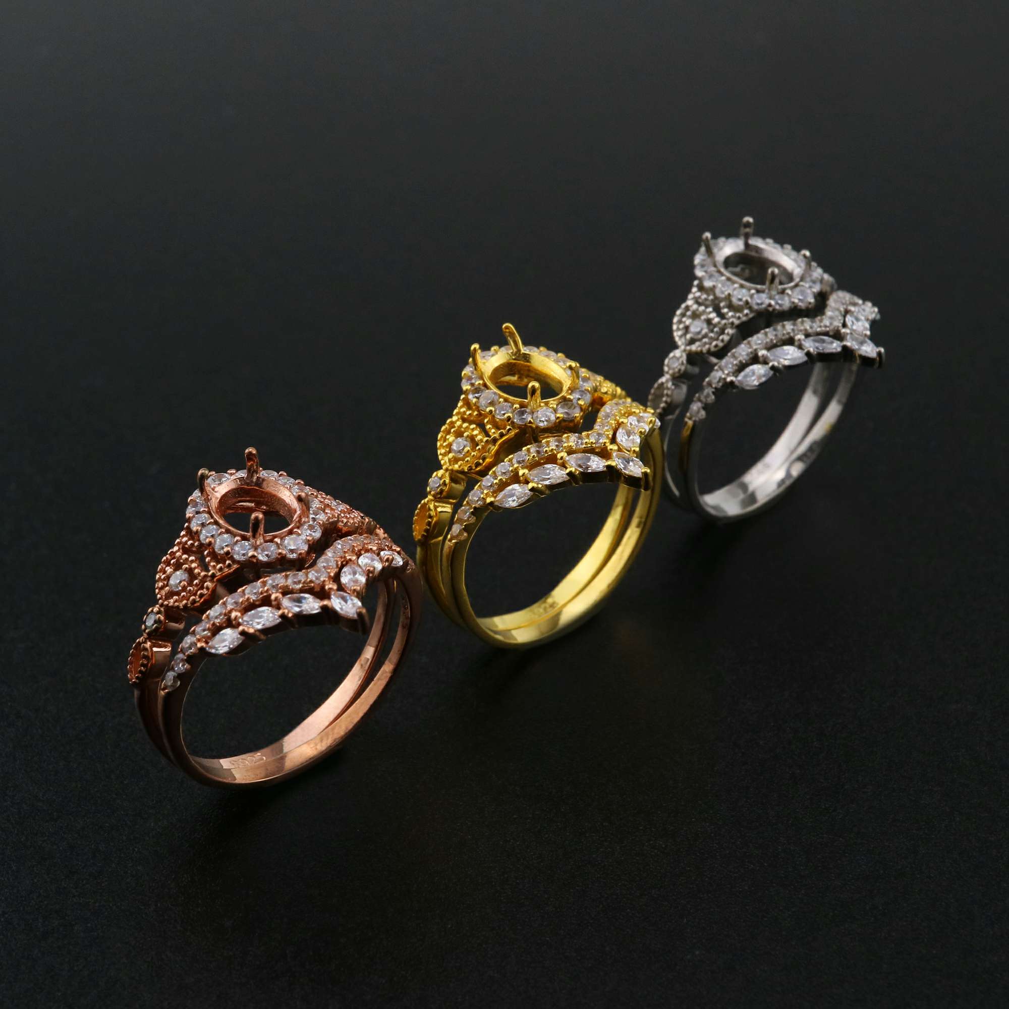 1Pcs 5x7MM Oval Prong Bezel Gold Plated Solid 925 Sterling Silver Pave Accents DIY Adjustable Stackable Ring Settings for Moissanite Gemstone 1294161 - Click Image to Close
